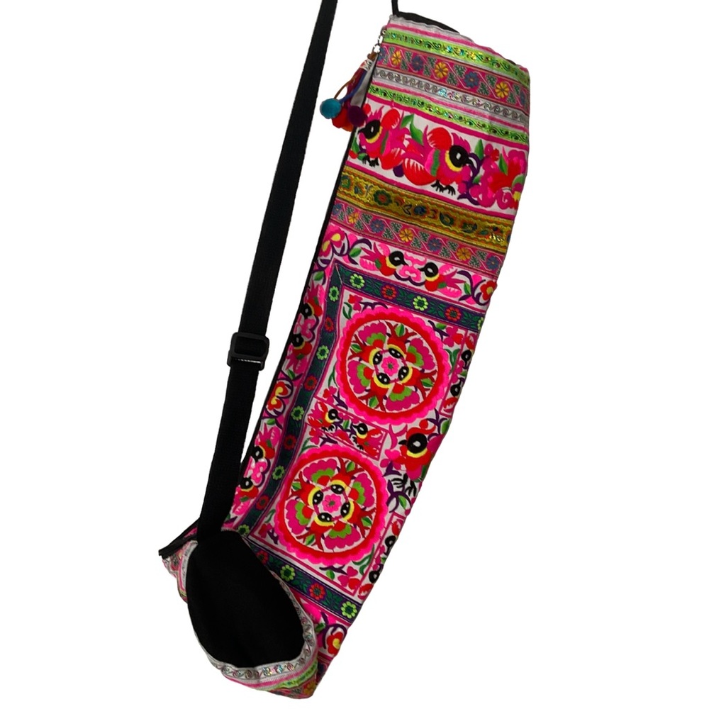 Handmade embroidered yoga mat bag with a floral and geometric pattern; beautiful
